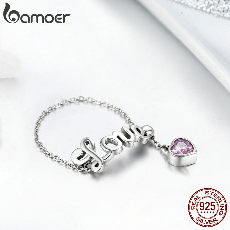 BAMOER Genuine 925 Sterling Silver Love Letter Adjustable Finger Ring Female Party Finger Ring Sterling Silver Jewelry SCR246