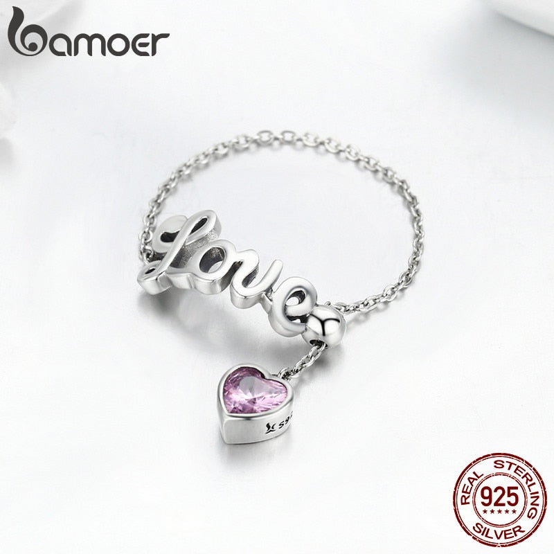 BAMOER Genuine 925 Sterling Silver Love Letter Adjustable Finger Ring Female Party Finger Ring Sterling Silver Jewelry SCR246