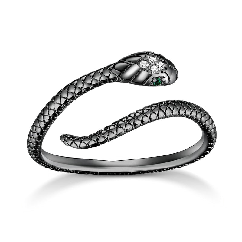 bamoer 925 Sterling Silver Platinum Plated Adjustable Ring, Green Zircon Retro Textures Snake Ring Fashion Jewelry 4 Colors