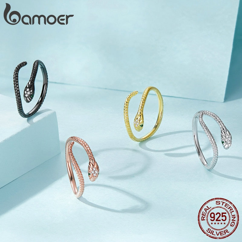 bamoer 925 Sterling Silver Platinum Plated Adjustable Ring, Green Zircon Retro Textures Snake Ring Fashion Jewelry 4 Colors