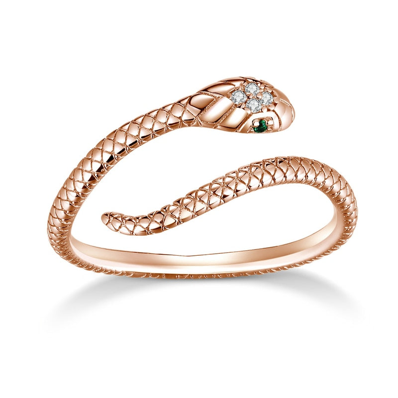 bamoer 925 Sterling Silver Platinum Plated Adjustable Ring, Green Zircon Retro Textures Snake Ring Fashion Jewelry 4 Colors